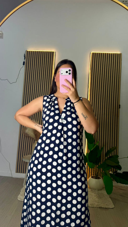 Vestido lino marino lunares