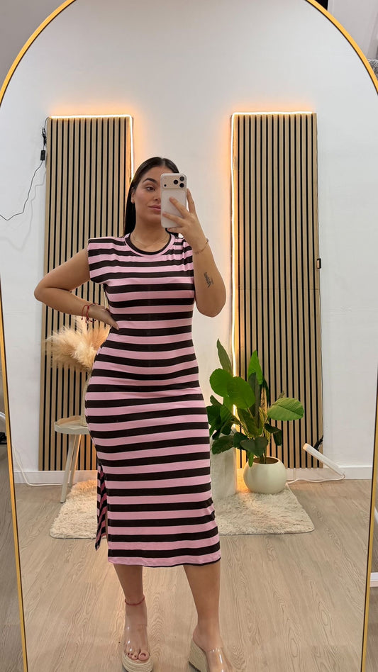 Vestido rayas rosa y chocolate
