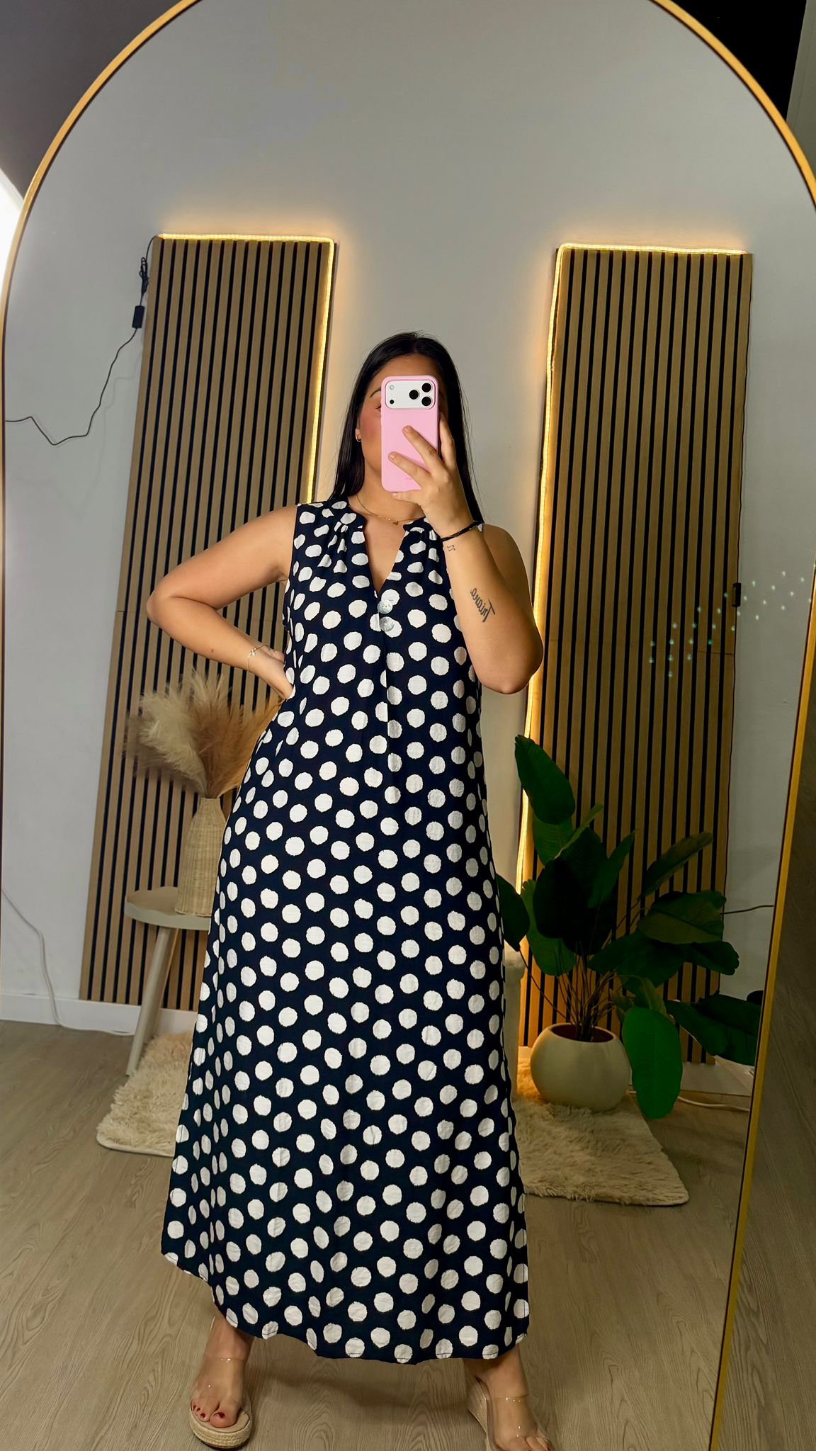 Vestido lino marino lunares