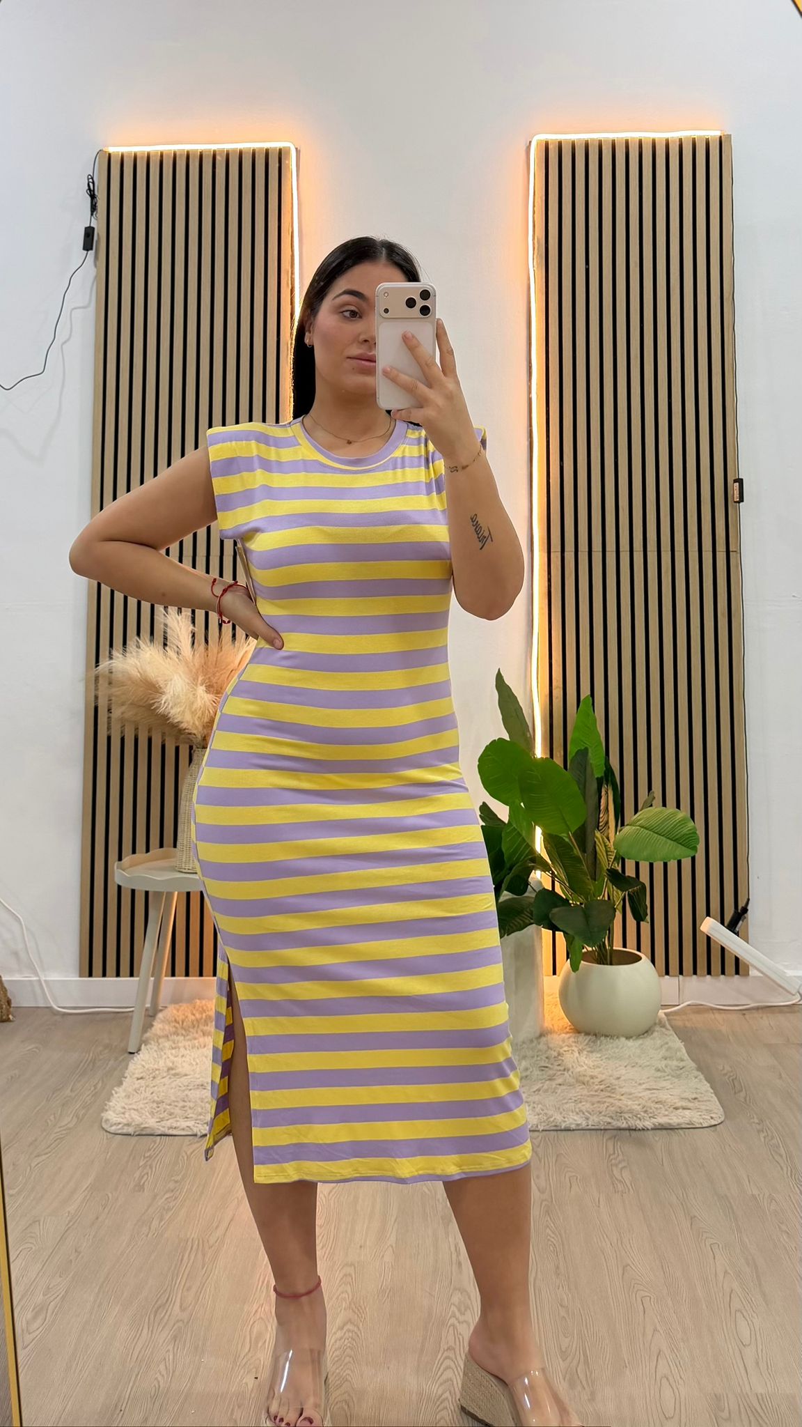 Vestido rayas amarillo y lila