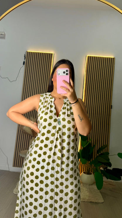 Vestido lino lunares verde
