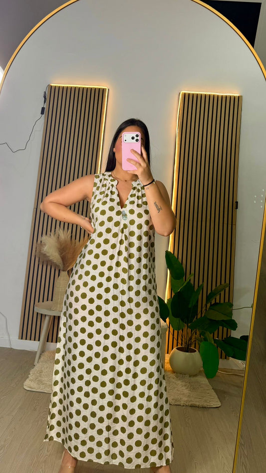 Vestido lino lunares verde
