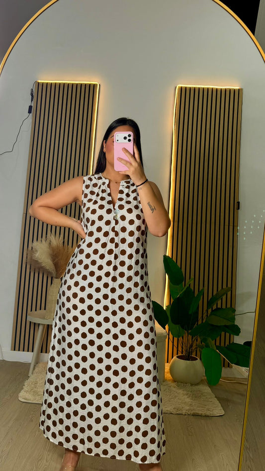 Vestido lino lunares marrón